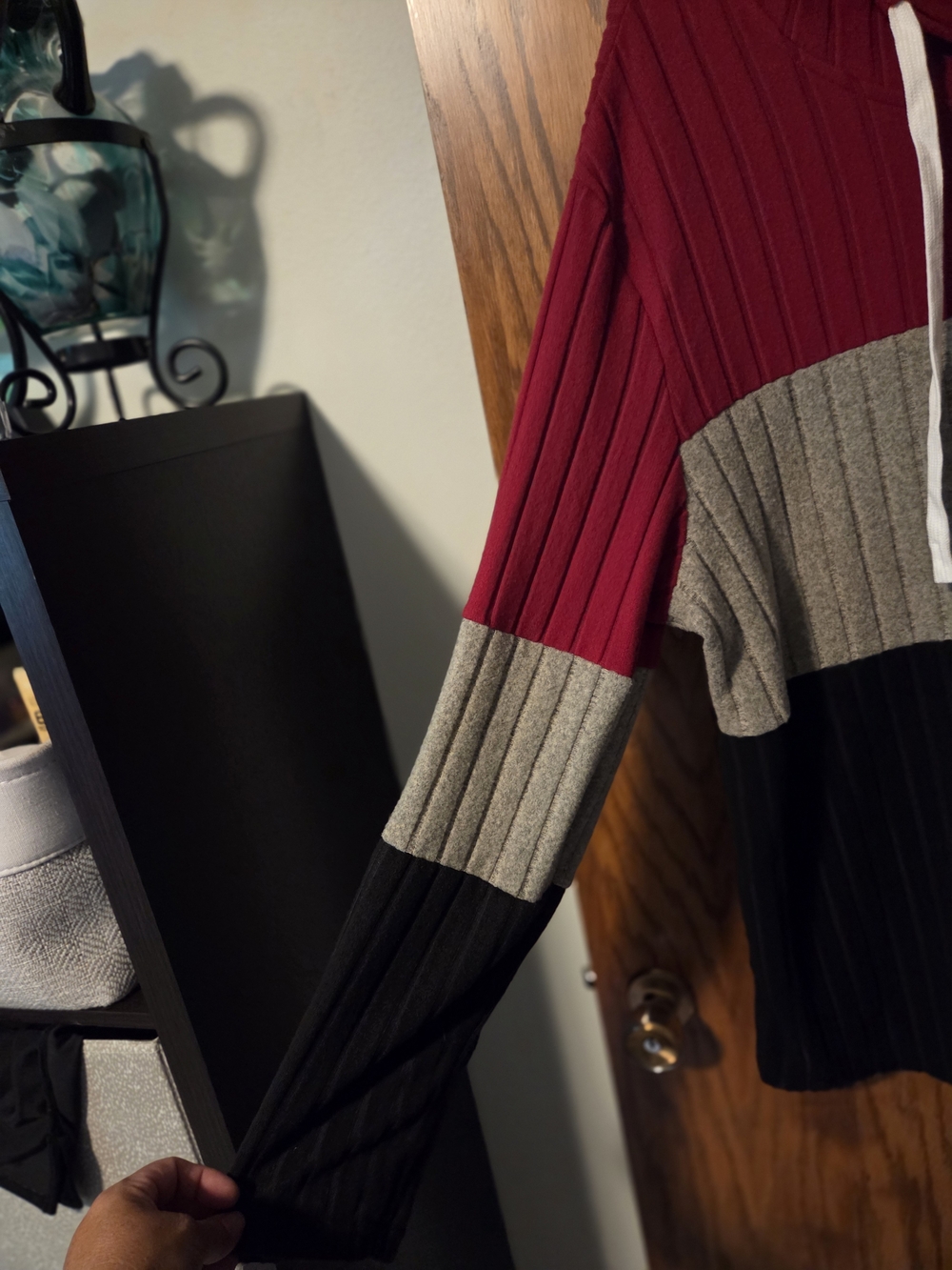 Colorblock Ribbed Hoodie - Red, Gray, Black - Picture 2 of 4